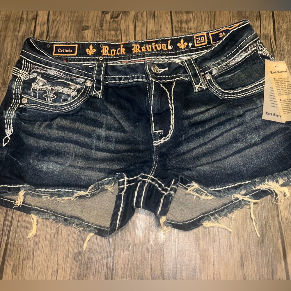 Rock Revival Blue and White Jean Shorts with Frayed Hem